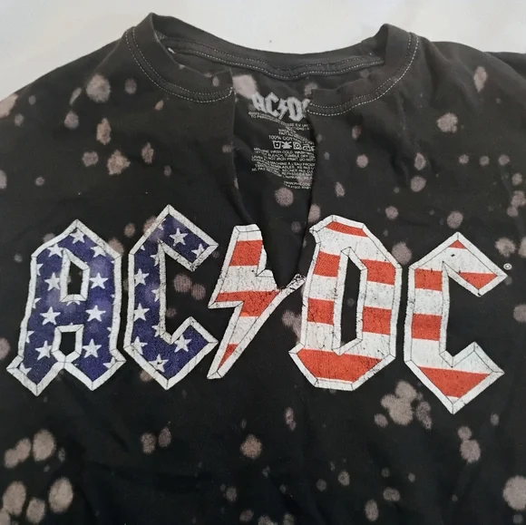 AC/DC Black Bleached Short Sleeve Tee with Stars & Stripes Logo - Picture 2 of 7